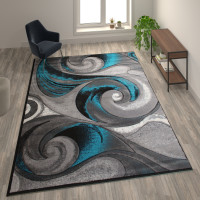 Flash Furniture ACD-RG410-810-TQ-GG Tellus Collection 8' x 10' Olefin Turquoise Ocean Waves Pattern Area Rug with Jute Backing for Entryway, Living Room, Bedroom
